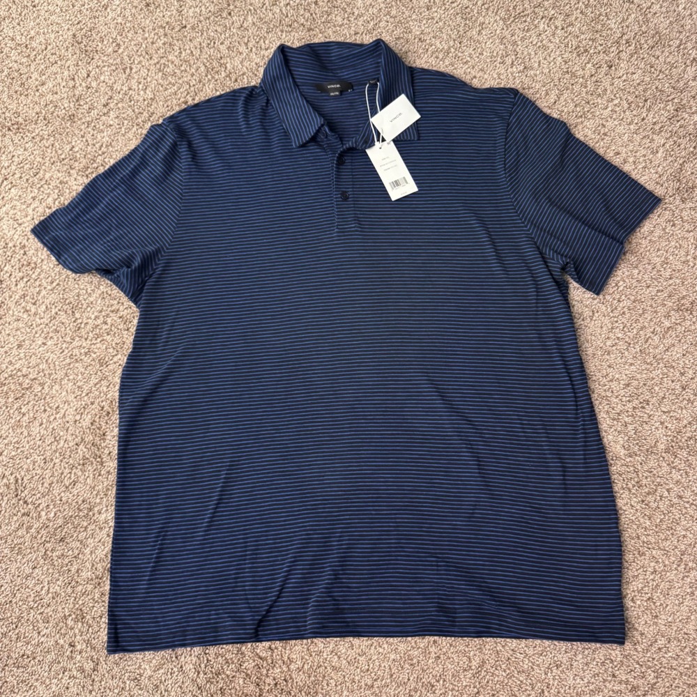 Vince Mens Striped Short Sleeve Polo Shirt Navy Blue XXL MO1299895A NEW